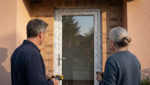Deux techniciens vérifient l'installation d'une porte en verre sur une façade résidentielle en briques avec enduit terracotta, éclairée par la lumière du soir.