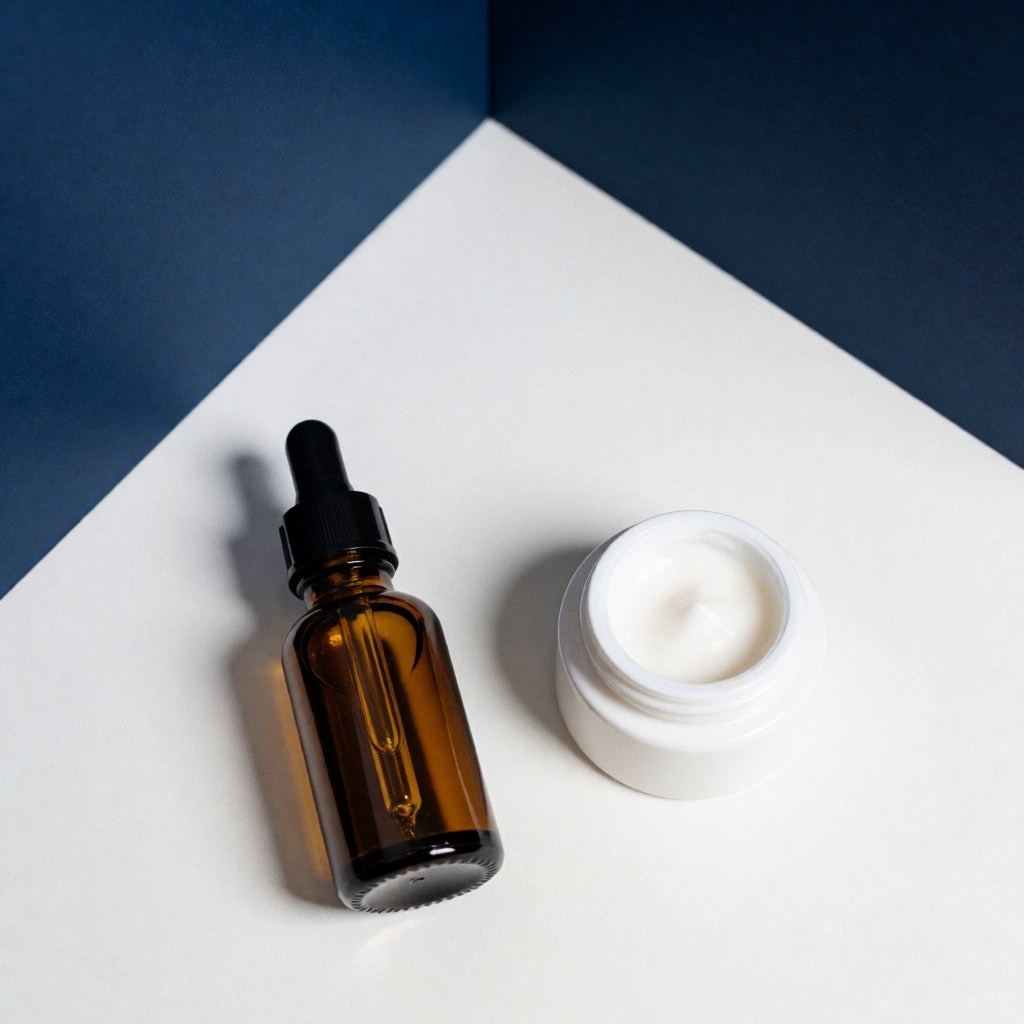 Flacon en verre ambré contenant un sérum et pot blanc pour crème posés sur une surface blanche avec des murs bleus, éclairage doux et propre.
