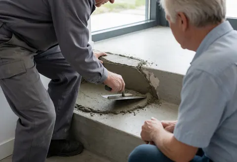 Un professionnel applique du mortier sur une échelle de béton pendant qu'un client observe le travail.