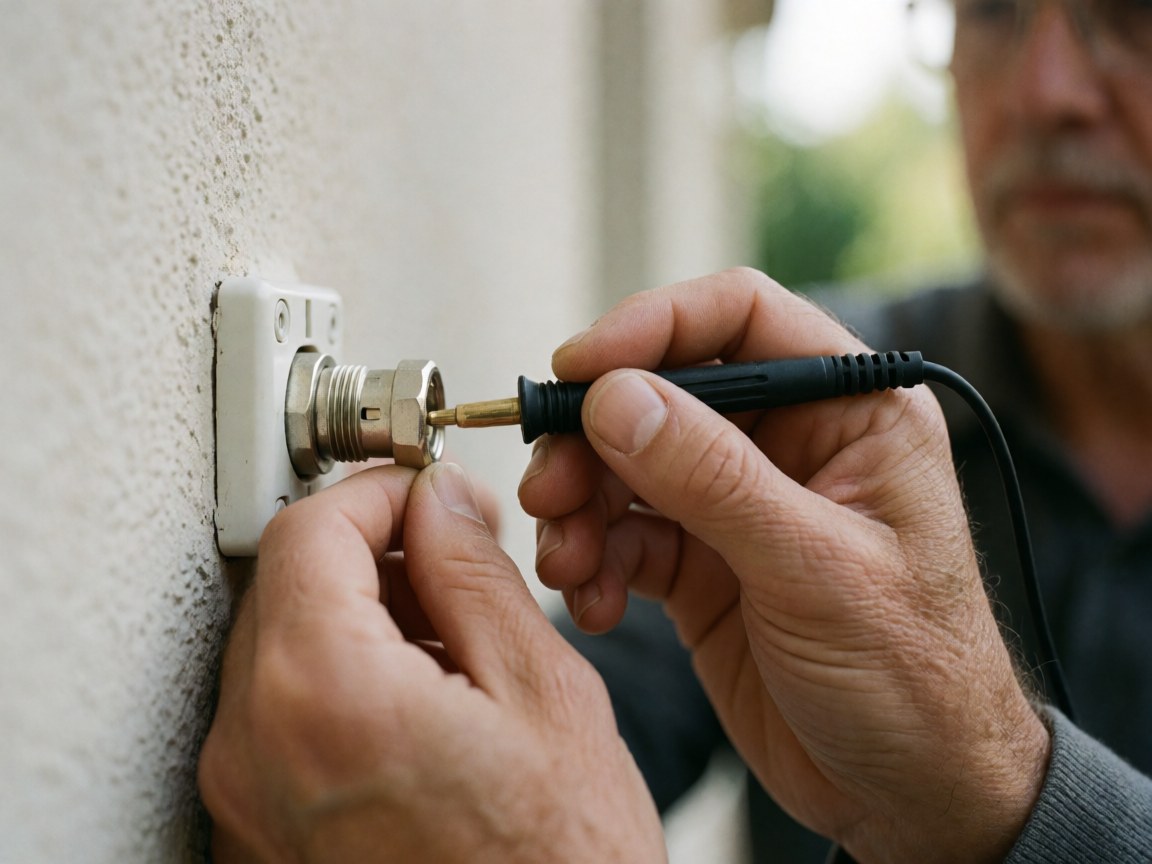 Un installateur d'antennes teste la connexion d'un jack coaxial à l'aide d'un multimètre, mettant en évidence les mains et le matériel de travail en détail.