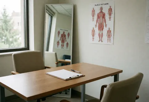 Salle propre et professionnelle pour massage de tissus profonds, avec table, miroir et poster d'anatomie musculaire.