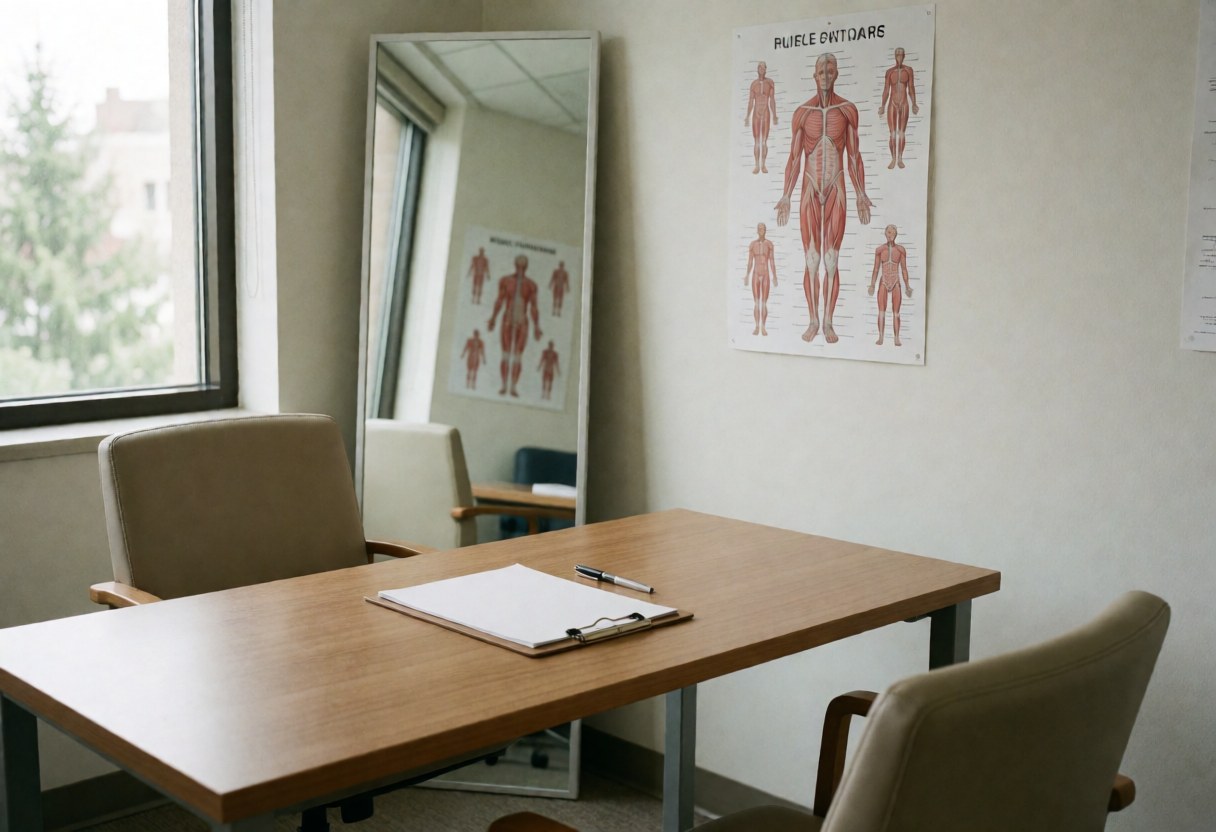 Salle propre et professionnelle pour massage de tissus profonds, avec table, miroir et poster d'anatomie musculaire.