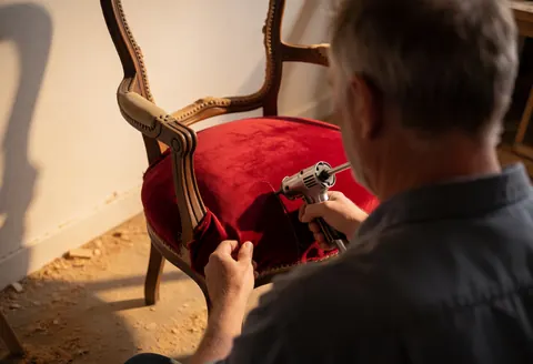 Un menuisier professionnel restaure une chaise ancienne avec du tissu rouge à l'aide d'un pistolet à clous dans un atelier.