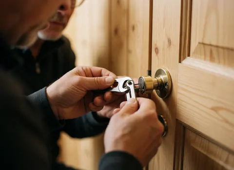 Gros plan d'une main adulte manipulant un outil pour réparer la serrure d'une porte en bois clair à panneaux, avec éclairage chaud et fond flou.