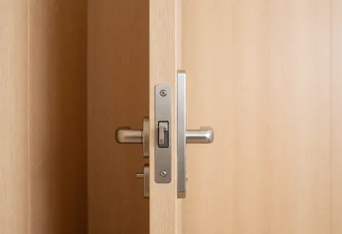 Vue rapprochée d'une serrure en bois avec une poignée métallique, illustrant la réparation et l'entretien des portes résidentielles.