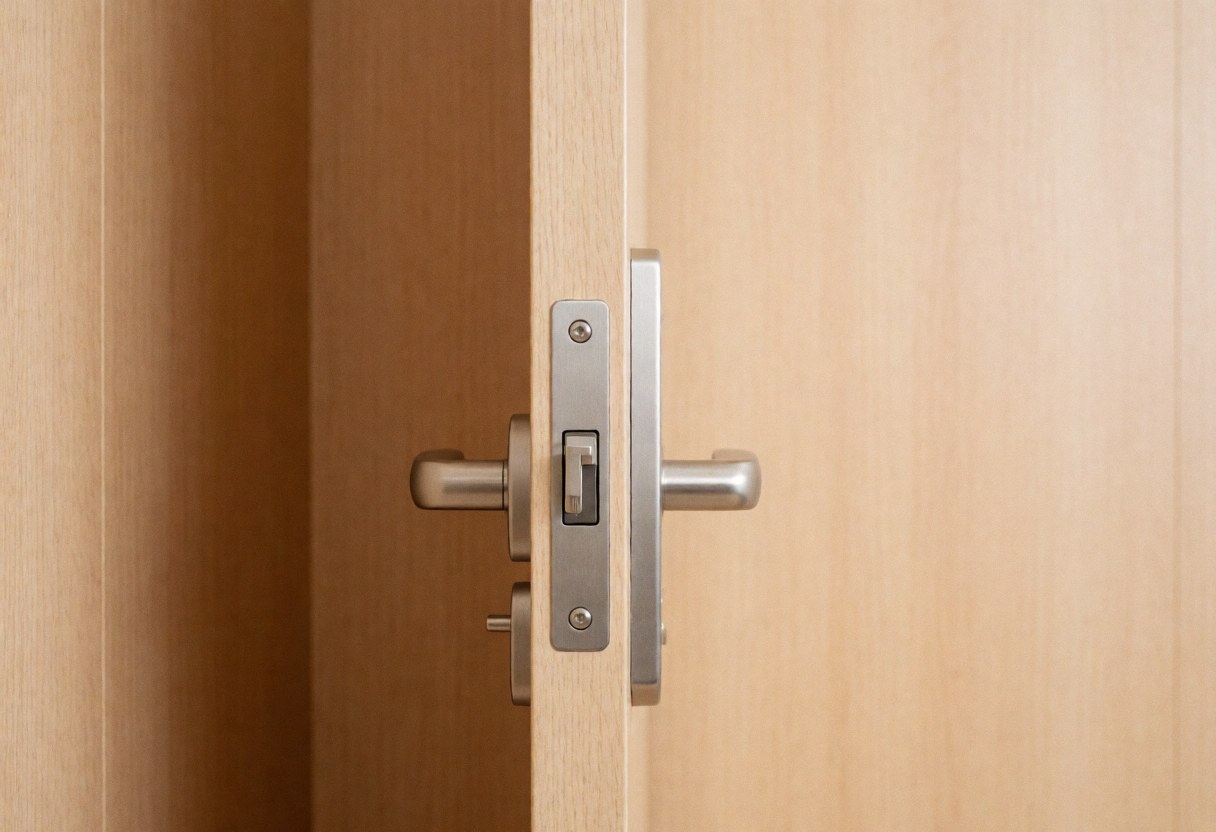 Vue rapprochée d'une serrure en bois avec une poignée métallique, illustrant la réparation et l'entretien des portes résidentielles.
