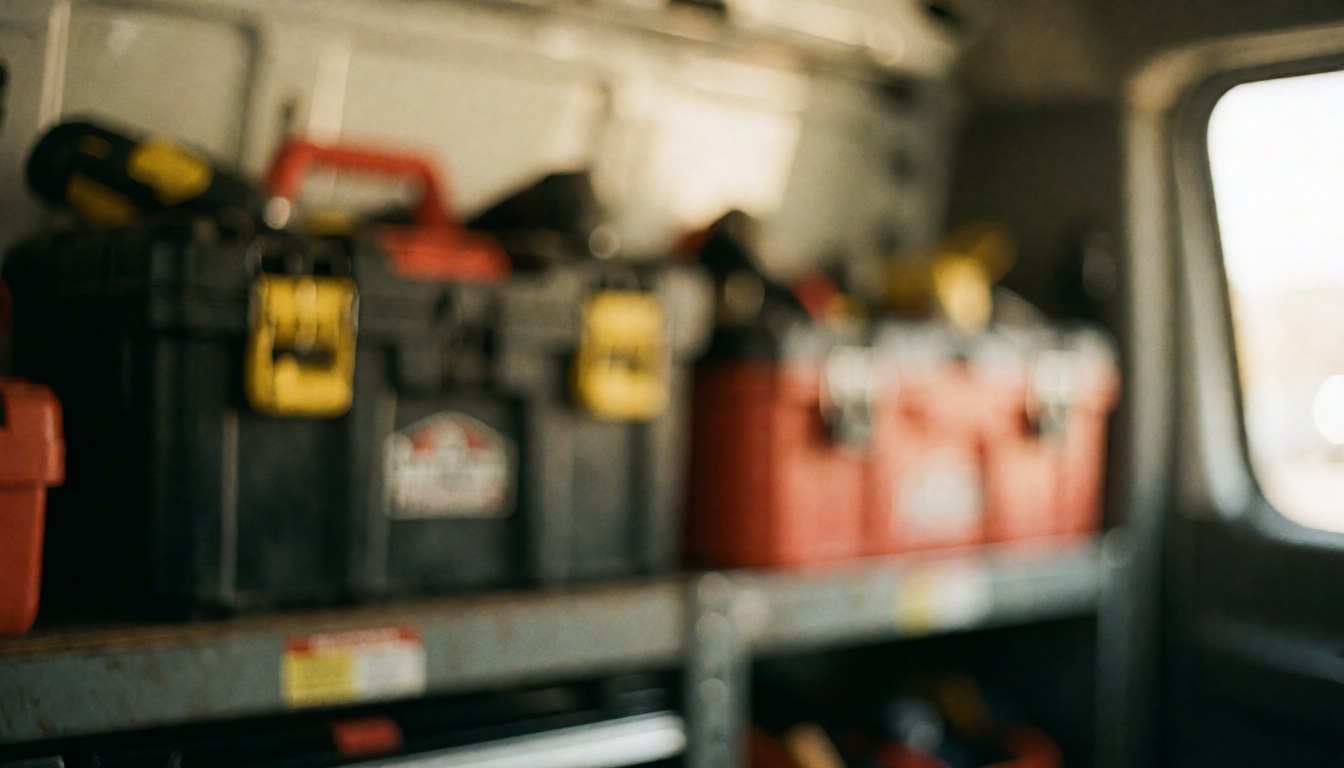 Intérieur d'un van contenant des coffres à outils et du matériel de réparation avec un fond flou adapté pour ajouter du texte sur les services de serrurerie.
