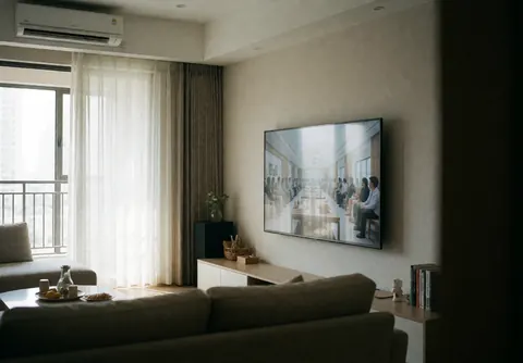 Salon moderne avec télévision fixée au mur, lumière naturelle, mobilier minimaliste et ambiance chaleureuse sans éléments d'installation apparents.