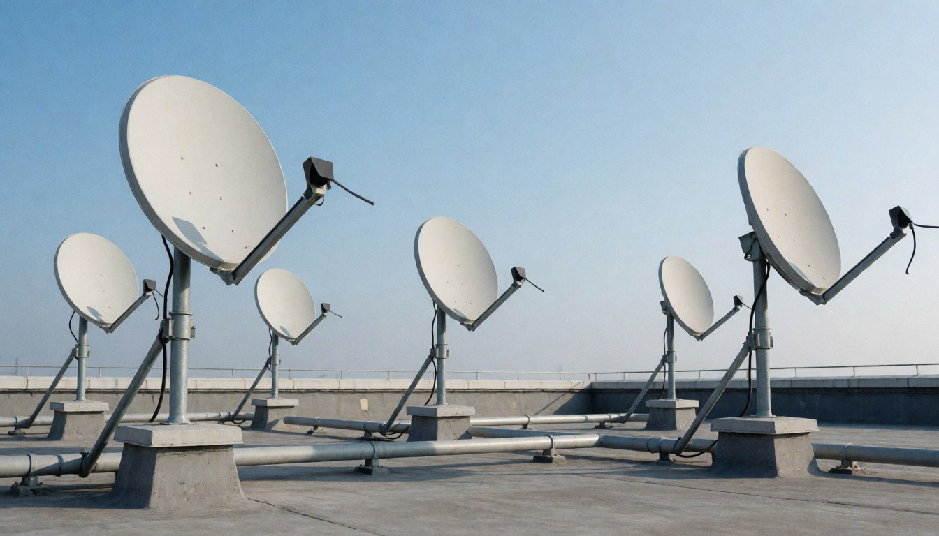 Plusieurs antennes paraboliques montées sur un toit en béton avec des tuyaux, sous un ciel bleu clair, idéal pour les entreprises d'installation.