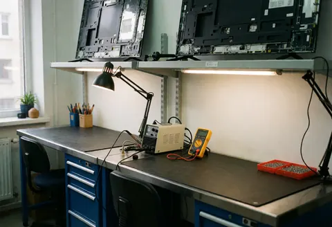 Espace de travail dans un atelier de réparation de TV équipé d'outils, multimètre, fer à souder et panneaux démontés sur des étagères.
