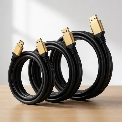 Trois câbles HDMI noirs avec connecteurs dorés, enroulés en spirale sur une surface en bois clair, éclairés par une lumière naturelle douce.