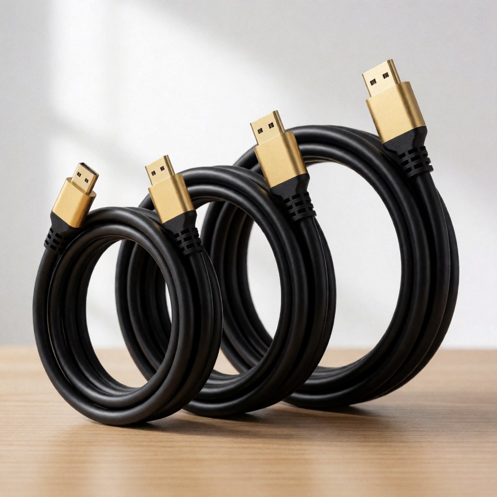 Trois câbles HDMI noirs avec connecteurs dorés, enroulés en spirale sur une surface en bois clair, éclairés par une lumière naturelle douce.
