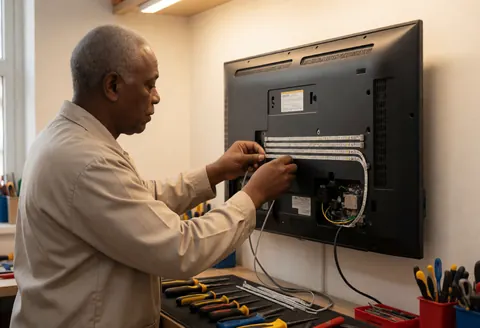 Un technicien répare un téléviseur en installant des bandes led à l'arrière, entouré d'outils dans un atelier ordonné.