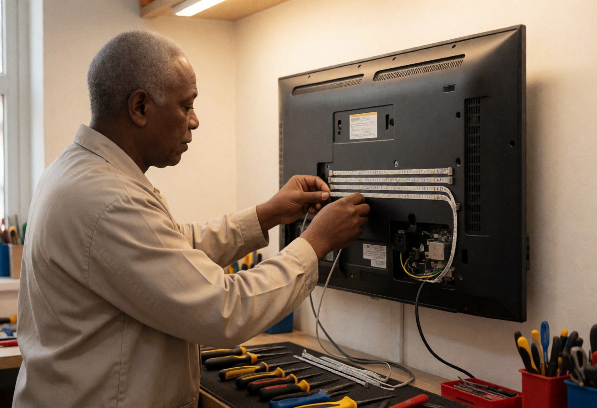 Un technicien répare un téléviseur en installant des bandes led à l'arrière, entouré d'outils dans un atelier ordonné.