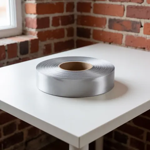 Rouleau de ruban satiné argenté posé sur une table blanche devant un mur de briques rouges avec un éclairage doux pour la décoration d'événements.
