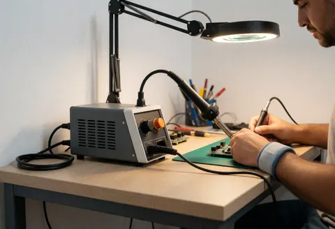 Un technicien répare un circuit électronique à l'aide d'un fer à souder, éclairé par une loupe sur une table de travail propre et ordonnée.