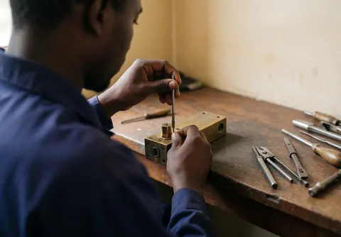 Un technicien en serrurerie ajuste les goupilles d'une serrure en bronze sur une table en bois, entouré d'outils sous une lumière naturelle.