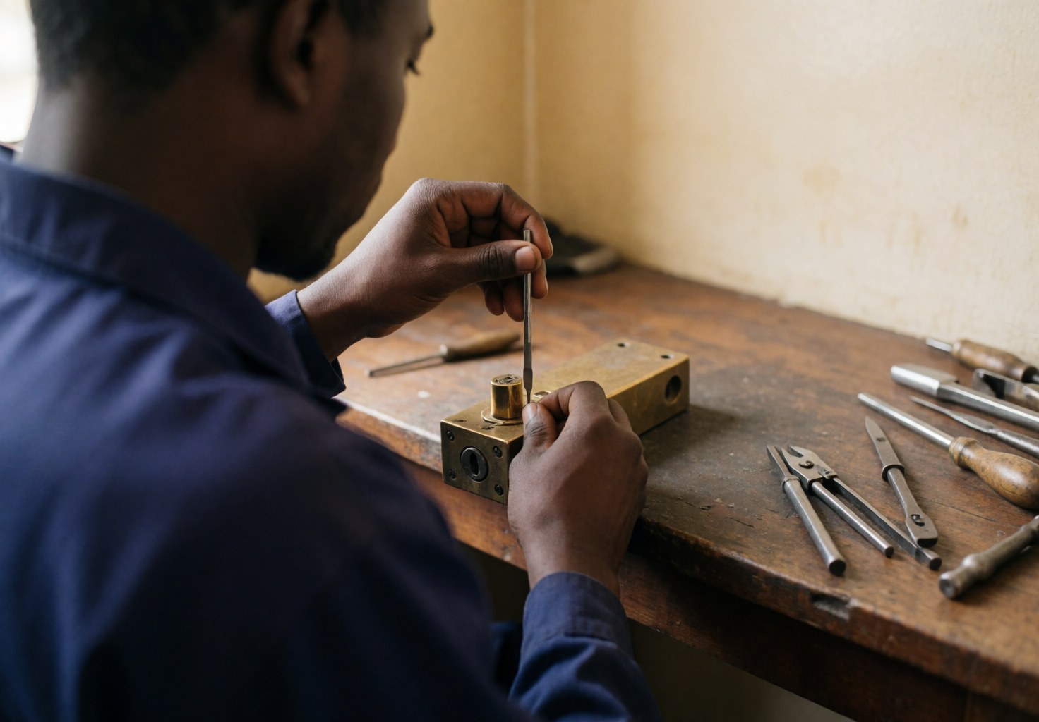 Un technicien en serrurerie ajuste les goupilles d'une serrure en bronze sur une table en bois, entouré d'outils sous une lumière naturelle.