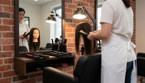 Une coiffeuse professionnelle en tablier blanc lisse les cheveux longs d'un mannequin devant un grand miroir, avec des murs en briques rouges et des outils de coiffure sur une étagère.