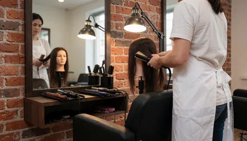 Une coiffeuse professionnelle en tablier blanc lisse les cheveux longs d'un mannequin devant un grand miroir, avec des murs en briques rouges et des outils de coiffure sur une étagère.