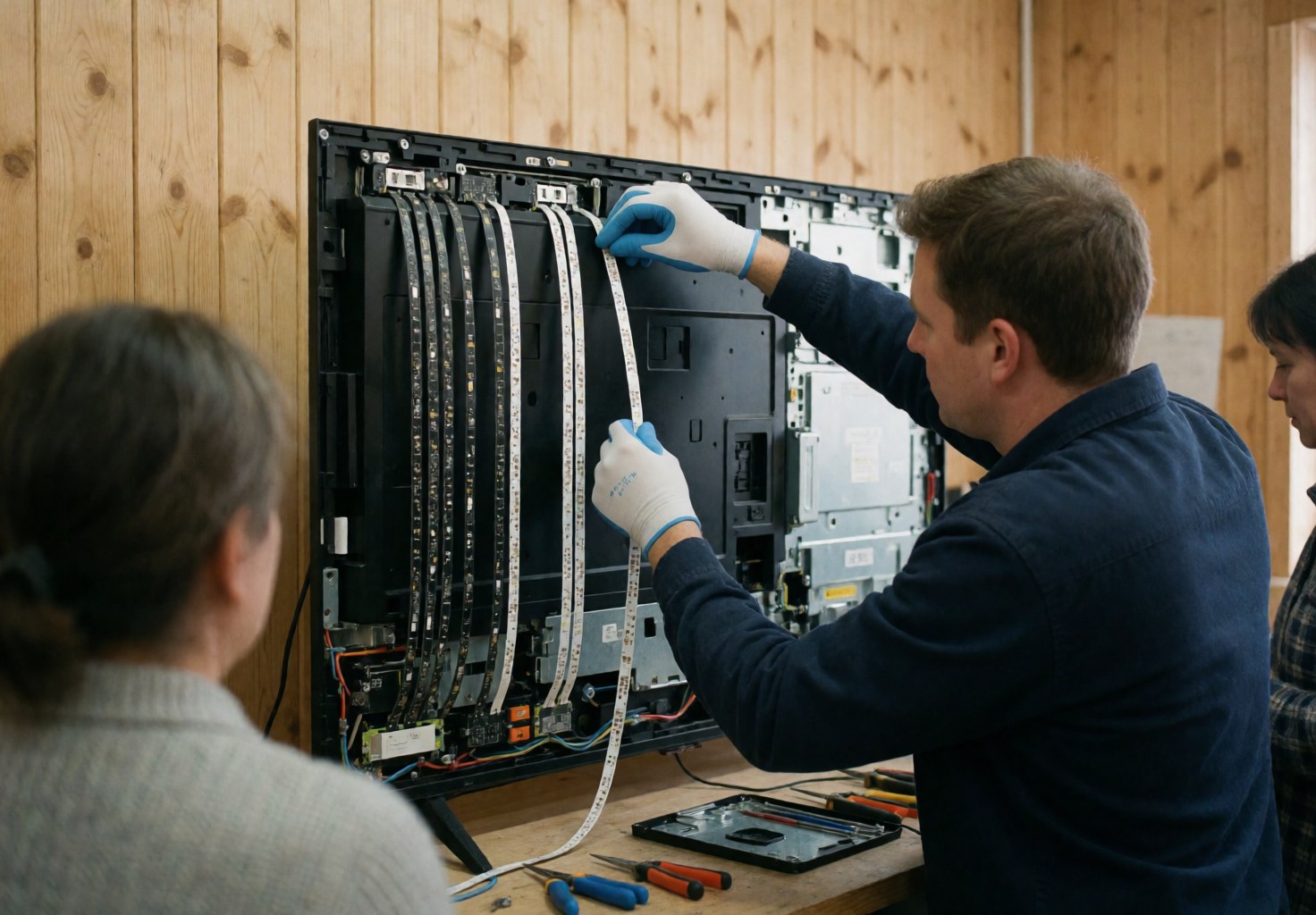 Un technicien portant des gants pose une nouvelle bande led à l'intérieur d'un téléviseur démonté, entouré d'outils et d'un mur en bois.