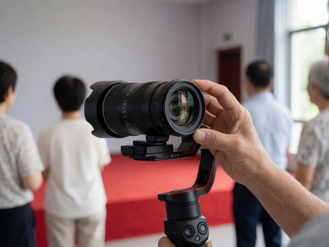 Caméra pro avec grand objectif montée sur stabilisateur noir, réglage du focus. Arrière-plan : tapis rouge et silhouettes dos sur scène de remise des diplômes.