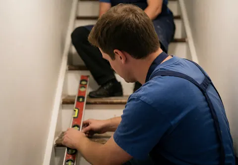 Un professionnel en tenue bleue ajuste une marche d'escalier en bois à l'aide d'un niveau, devant un mur blanc, sous un éclairage chaleureux, vu de dos.