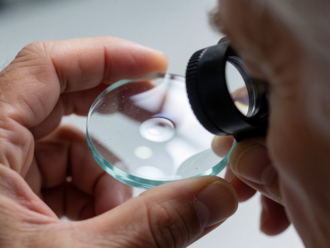 Mains d'un horloger examinant attentivement un verre de montre au moyen d'une loupe, mettant en évidence les détails de la surface et les reflets lumineux.