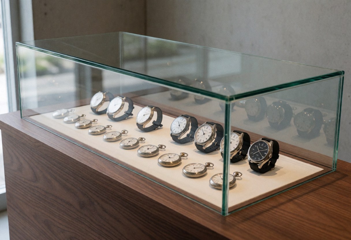 Vitrine en verre exposant des montres restaurées et numériques sur un comptoir en bois, baignée de lumière naturelle dans un environnement professionnel et épuré.