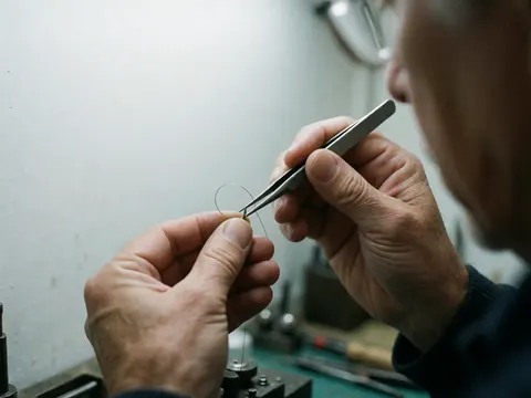 Des pinces de précision manipulent un ressort de montre dans un atelier. Les mains du horloger travaillent délicatement sur une table avec des outils flous en arrière-plan.