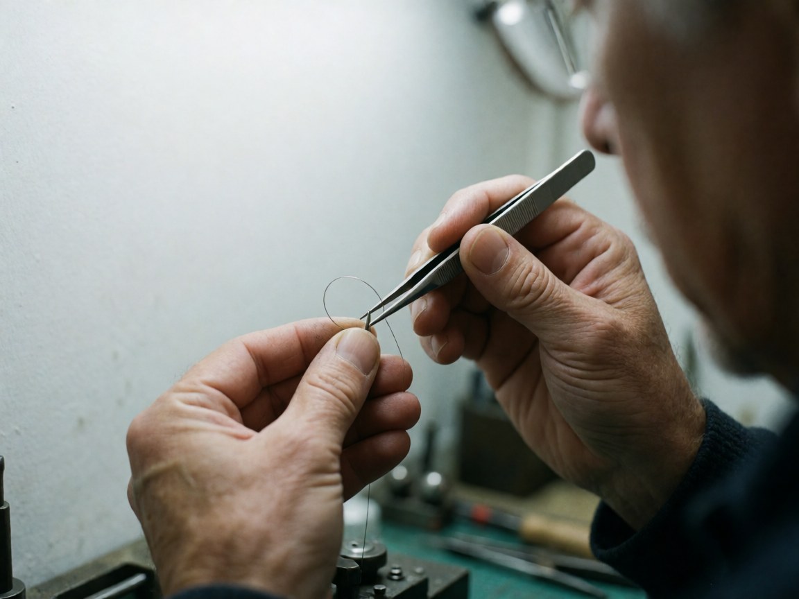 Des pinces de précision manipulent un ressort de montre dans un atelier. Les mains du horloger travaillent délicatement sur une table avec des outils flous en arrière-plan.