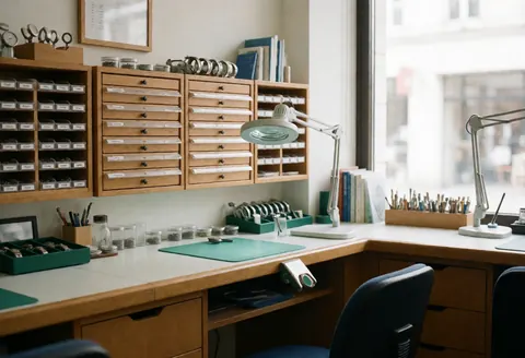 Vue d'un atelier de réparation de montres professionnel et ordonné, comportant des étagères en bois, une table de travail équipée d'une loupe et divers outils spécialisés.