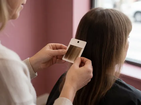 Un coiffeur tient un échantillon de cheveux près du visage d'une cliente assise, dans un salon aux murs roses et à la lumière naturelle.
