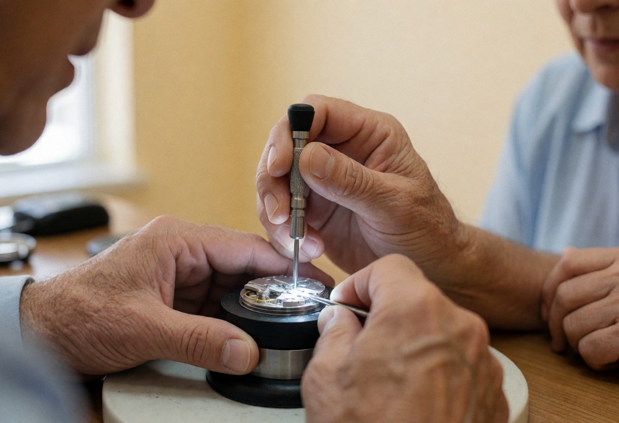 Un horloger ajuste un balancier de montre avec un tournevis précis sur un support, dans un atelier aux murs beige, une autre personne observe en arrière-plan.