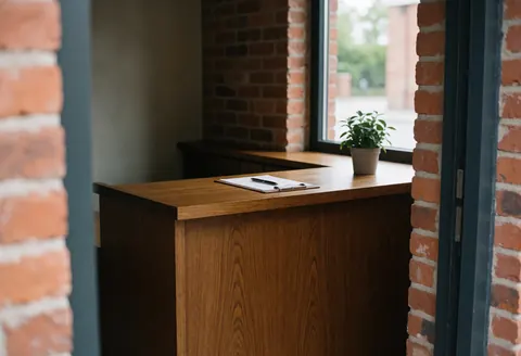 Bureau en bois poli dans un atelier d'horlogerie, avec plante et carnet, murs de briques apparentes et lumière naturelle.