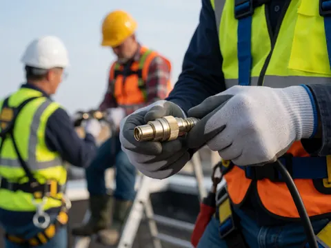 Un technicien équipé de gants et d'un gilet de sécurité fixe un connecteur F sur une antenne. D'autres travailleurs sont visibles en arrière-plan sur le toit, avec une lumière vive et un fond flou.
