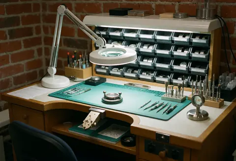 Bureau d'horloger équipé d'outils, d'éclairage de travail et d'organiseurs de pièces sur un fond de briques rouges.