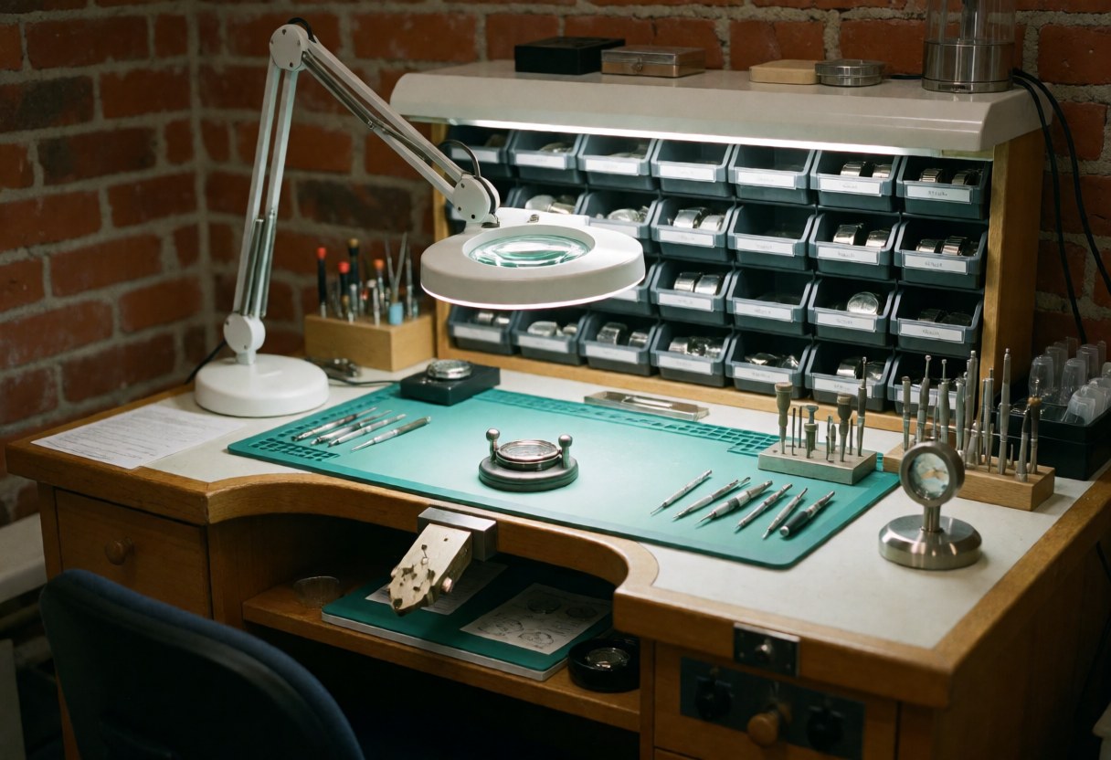 Bureau d'horloger équipé d'outils, d'éclairage de travail et d'organiseurs de pièces sur un fond de briques rouges.