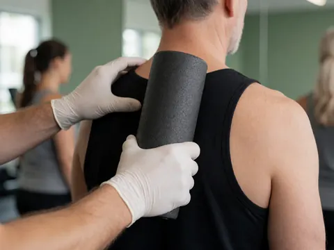 Thérapeute avec des gants appliquant un massage sportif avec un rouleau de mousse sur l'épaule d'un client dans un gymnase moderne avec des murs verts.