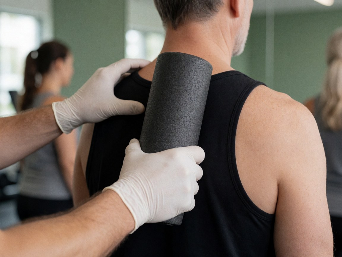 Thérapeute avec des gants appliquant un massage sportif avec un rouleau de mousse sur l'épaule d'un client dans un gymnase moderne avec des murs verts.