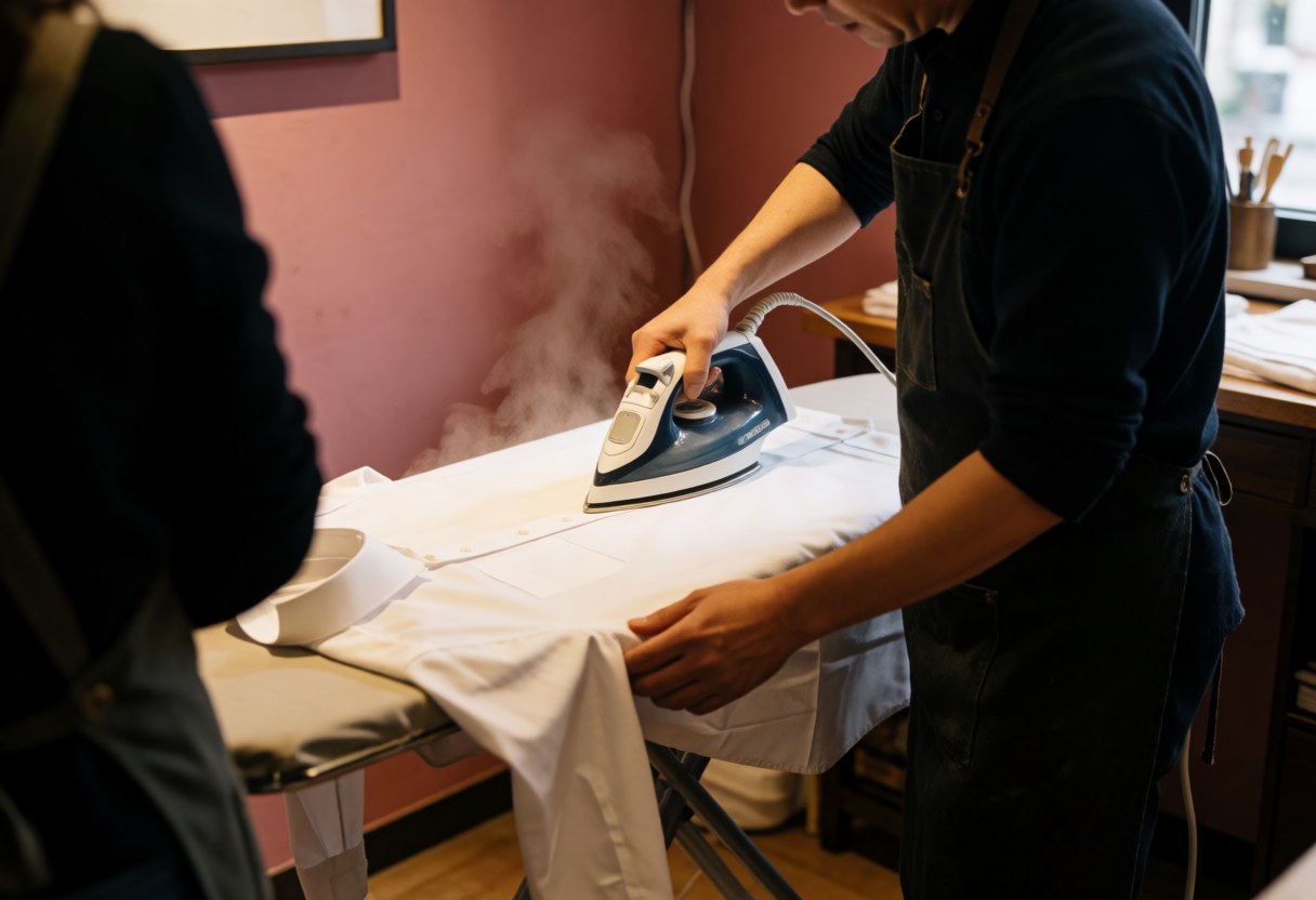 Un ouvrier en tenue sombre repasse une chemise avec un fer à vapeur dans un atelier aux murs roses, outils visibles.