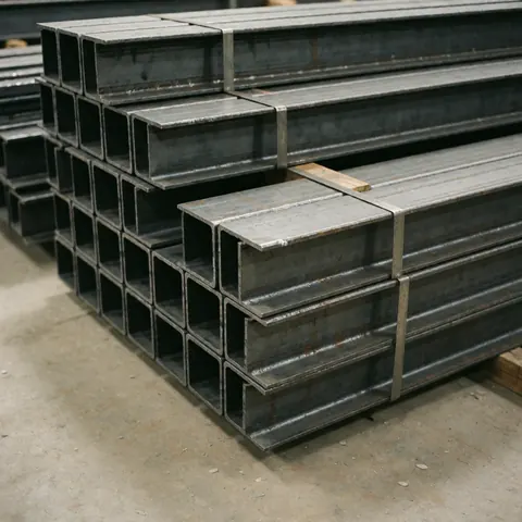 Poutres en acier noir empilées dans un entrepôt industriel, destinées à la fabrication et à l'assemblage de structures porteuses pour escaliers professionnels.