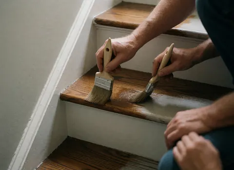 Des mains utilisent un pinceau pour appliquer du vernis sur une marche en bois, mettant en valeur le grain et la brillance de la finition.