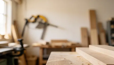 Fond d'atelier de menuiserie avec des planches de bois, une scie et des outils en arrière-plan flou, éclairé par une lumière chaude.