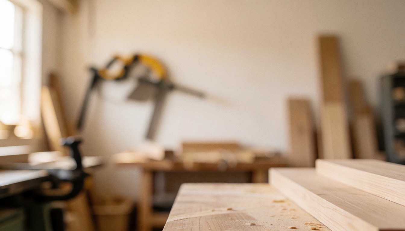 Fond d'atelier de menuiserie avec des planches de bois, une scie et des outils en arrière-plan flou, éclairé par une lumière chaude.