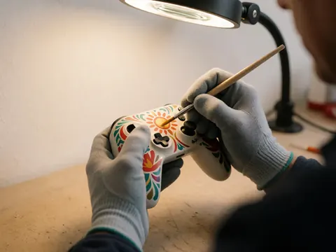 Un technicien portant des gants applique de la peinture sur une manette de jeu vidéo ornée d'un design de soleil, dans un atelier aux murs blancs.