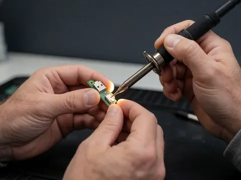 Technicien effectuant une soudure de précision sur un connecteur USB-C d'une carte électronique verte, avec des outils sur un fond sombre.