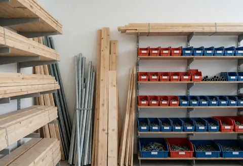 Entrepôt contenant des escaliers en bois, des tuyaux métalliques et des boîtes à outils rangées sur des étagères industrielles dans un espace blanc bien éclairé.