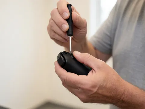Premier plan des mains d'un technicien utilisant un tournevis pour ajuster une vis sur une console de jeu, avec un fond flou et un éclairage clair.