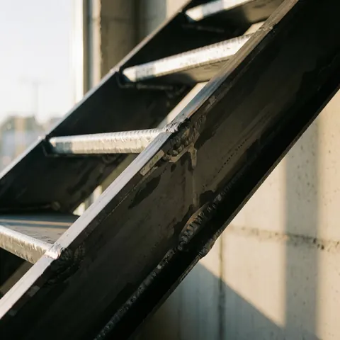 Châssis d'escalier en métal avec soudures visibles, finition noire mate, éclairé par une lumière solaire chaude, sur un fond de mur en béton.